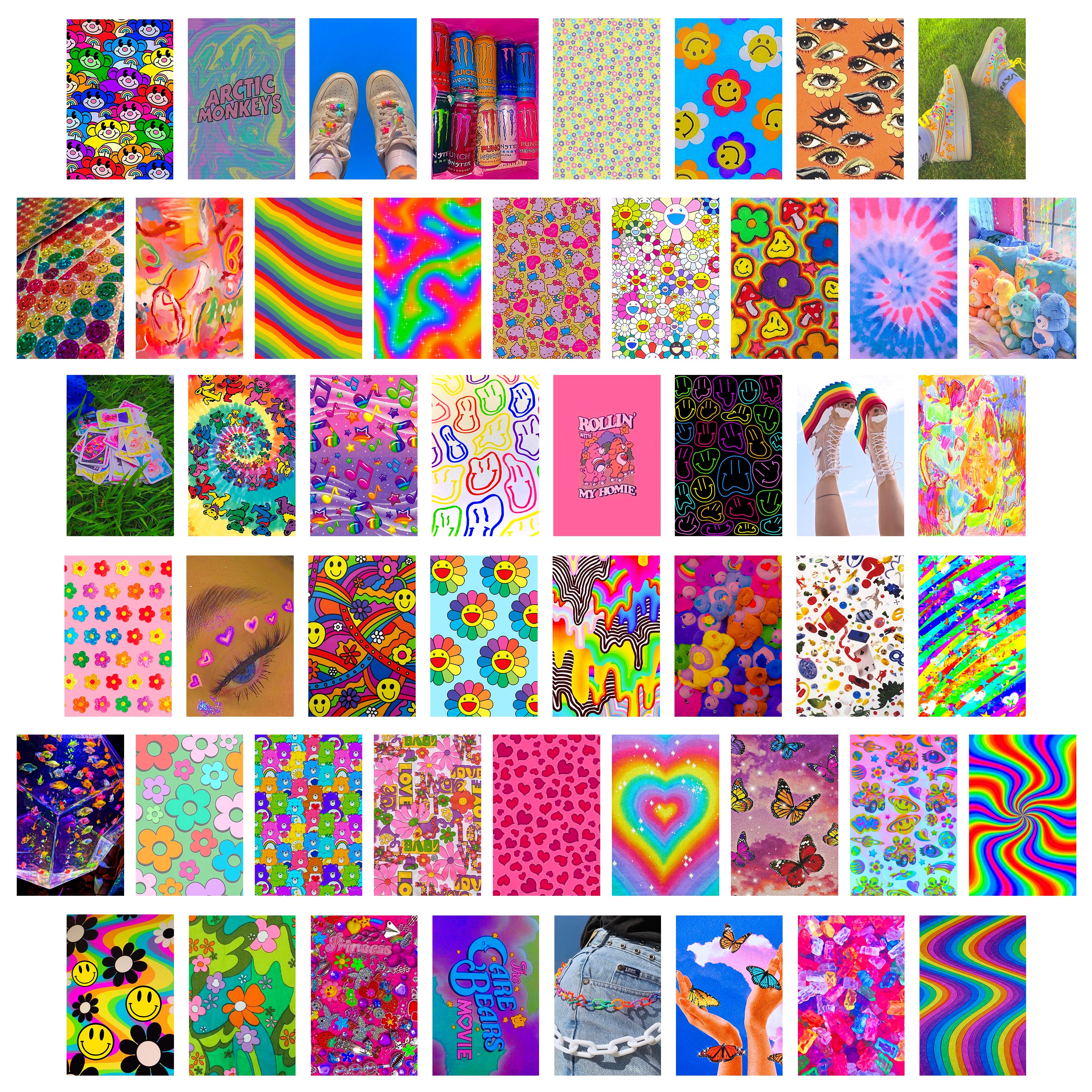 Indie Kidcore Hippie Aesthetic Wallpapers, 50 Set 4x6 inch, Wall Collage Indie, Colorful Room Decor for Girl