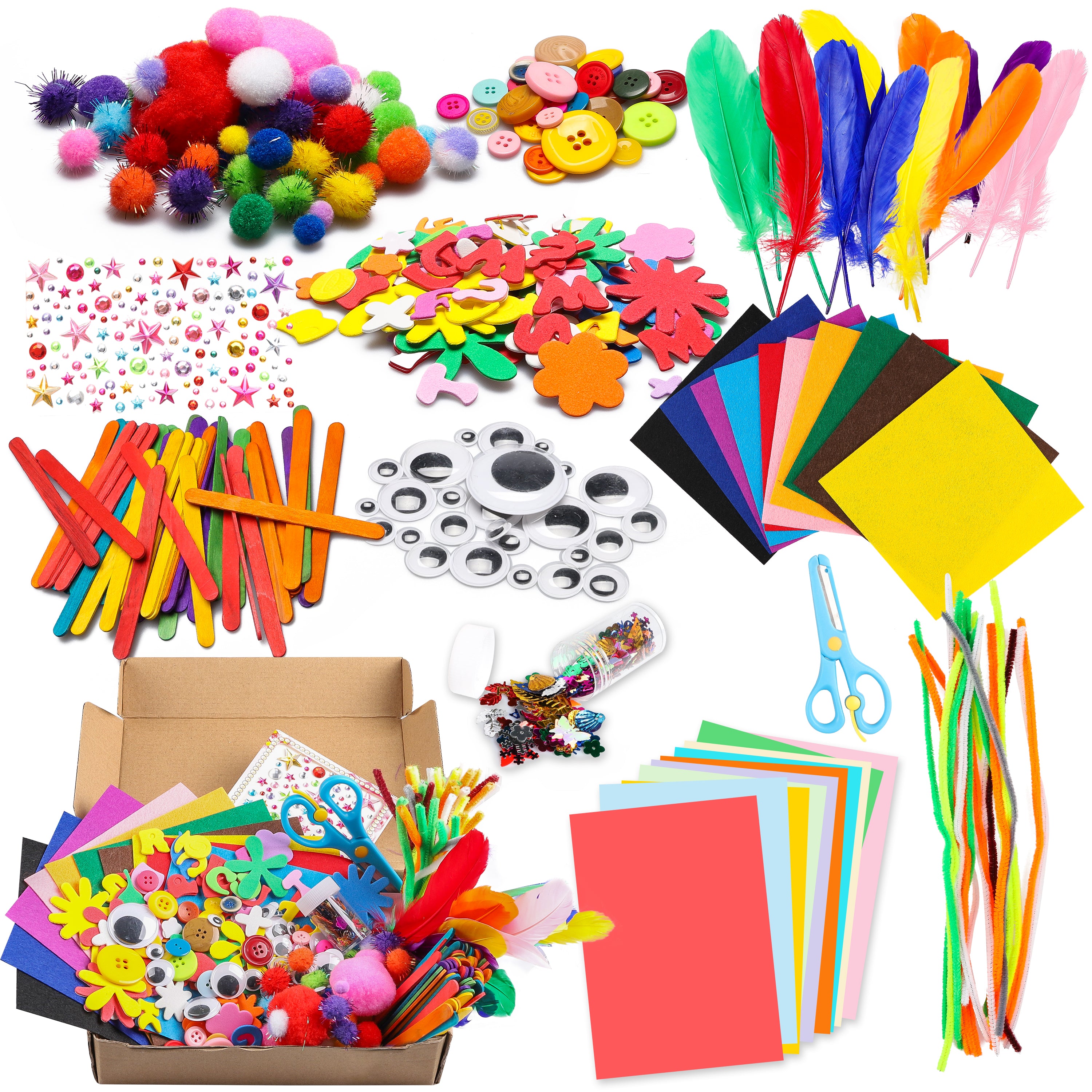 1000Pcs DIY Art Craft Kit for Kids Creative Pompoms Hand puppet  Feather Foam Flowers Letters Crystal Sticker  Colorful Wooden Sticks Paper