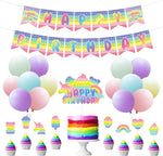 Load image into Gallery viewer, juce 76PCS Pop Fidget Toy Girl Pastel Party Decorations, Pop Push Happy Birthday Banner , Pop Fidget Toy Theme Cake Toppers for Kids, 12 IN Macaron Balloons for Party Favors
