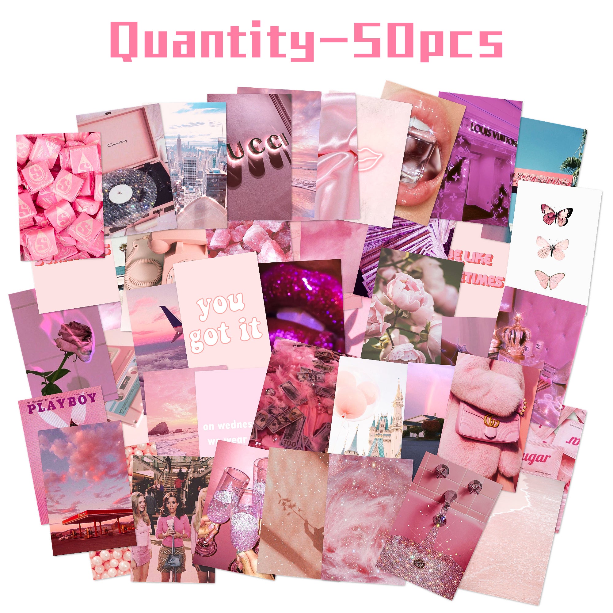 50PCS Pink Aesthetic Wallpapers, Rosy Collage Print Kit, Wall Art Prints for Room, VSCO Posters for Girls