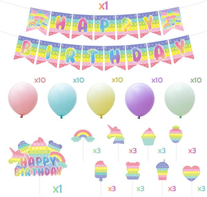 juce 76PCS Pop Fidget Toy Girl Pastel Party Decorations, Pop Push Happy Birthday Banner , Pop Fidget Toy Theme Cake Toppers for Kids, 12 IN Macaron Balloons for Party Favors