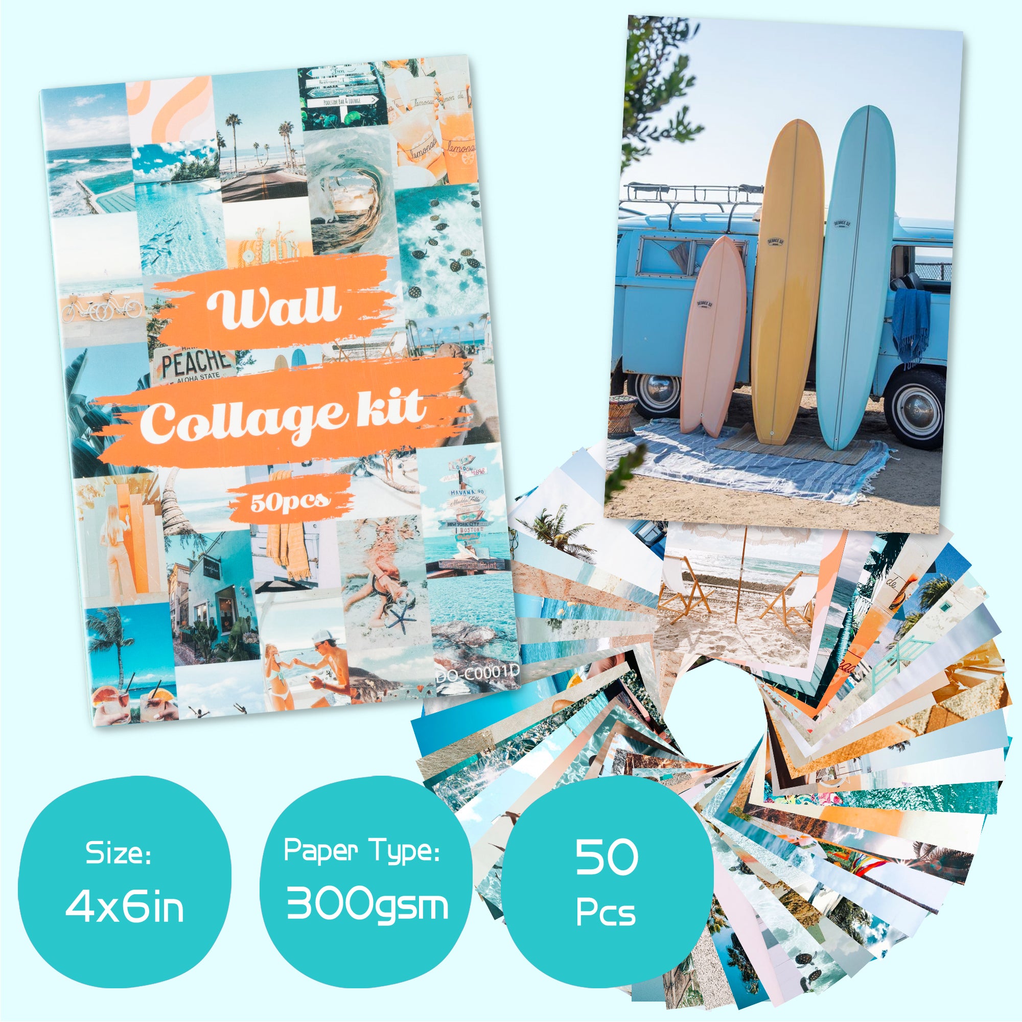 Ikatey Blue Aesthetic Picture, Summer Beach Collage Print Kit