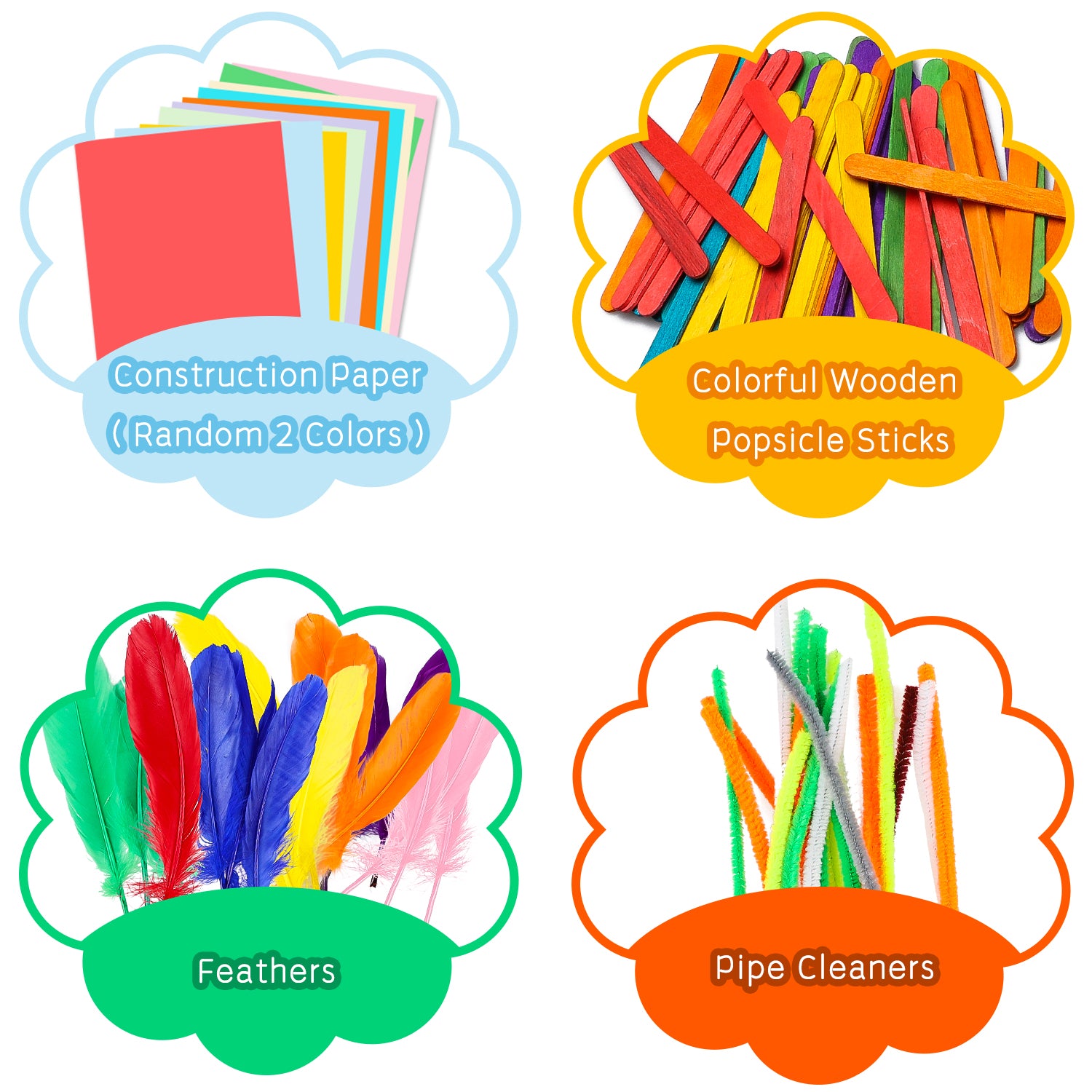 1000Pcs DIY Art Craft Kit for Kids Creative Pompoms Hand puppet  Feather Foam Flowers Letters Crystal Sticker  Colorful Wooden Sticks Paper