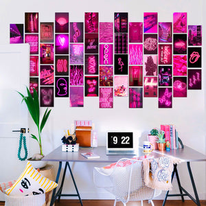 50PCS Pink Neon Aesthetic Pictures Wall Collage Kit, Aesthetic Picture for Dorm Photo Wall Decor, Wall Art Pink for VSCO Girls