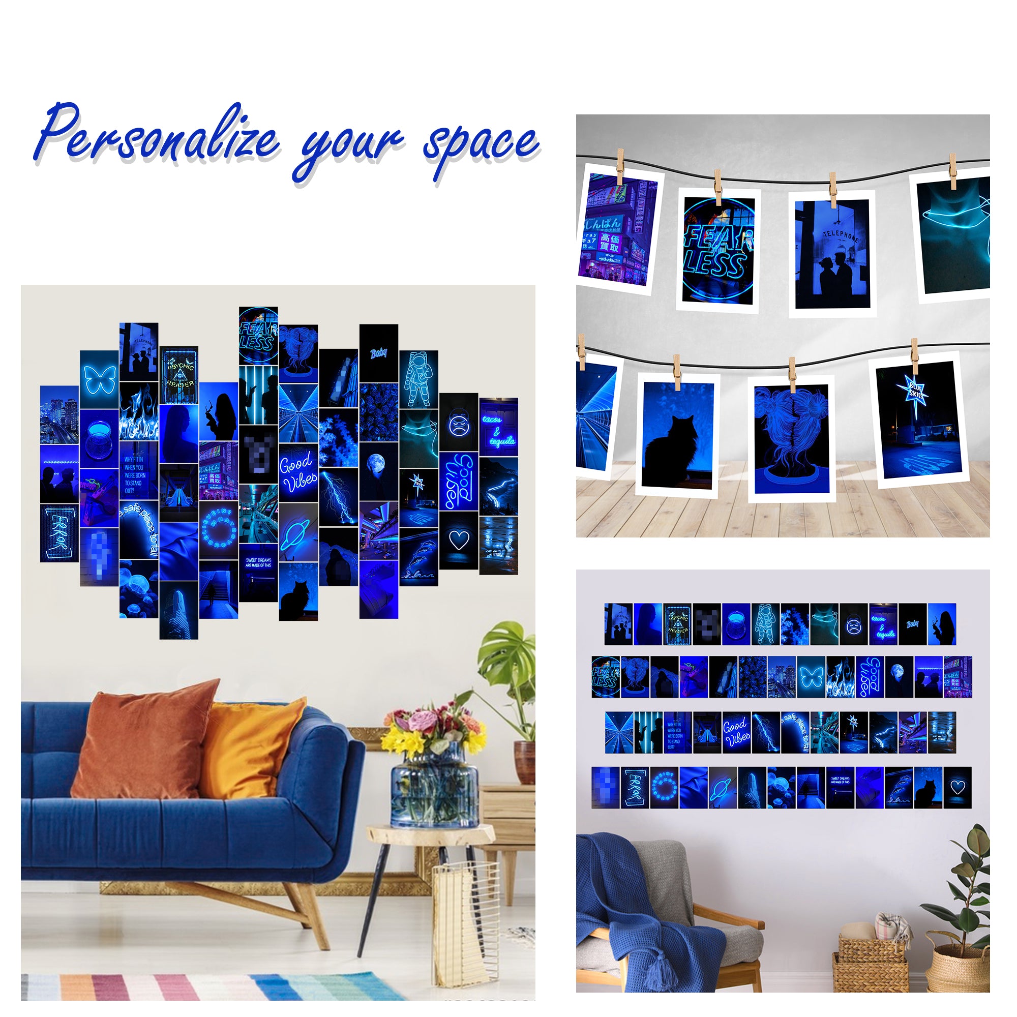 50PCS Blue Neon Aesthetic Pictures Wall Collage Kit, Trendy Wall Prints Kit, Small Posters for Room Bedroom Aesthetic