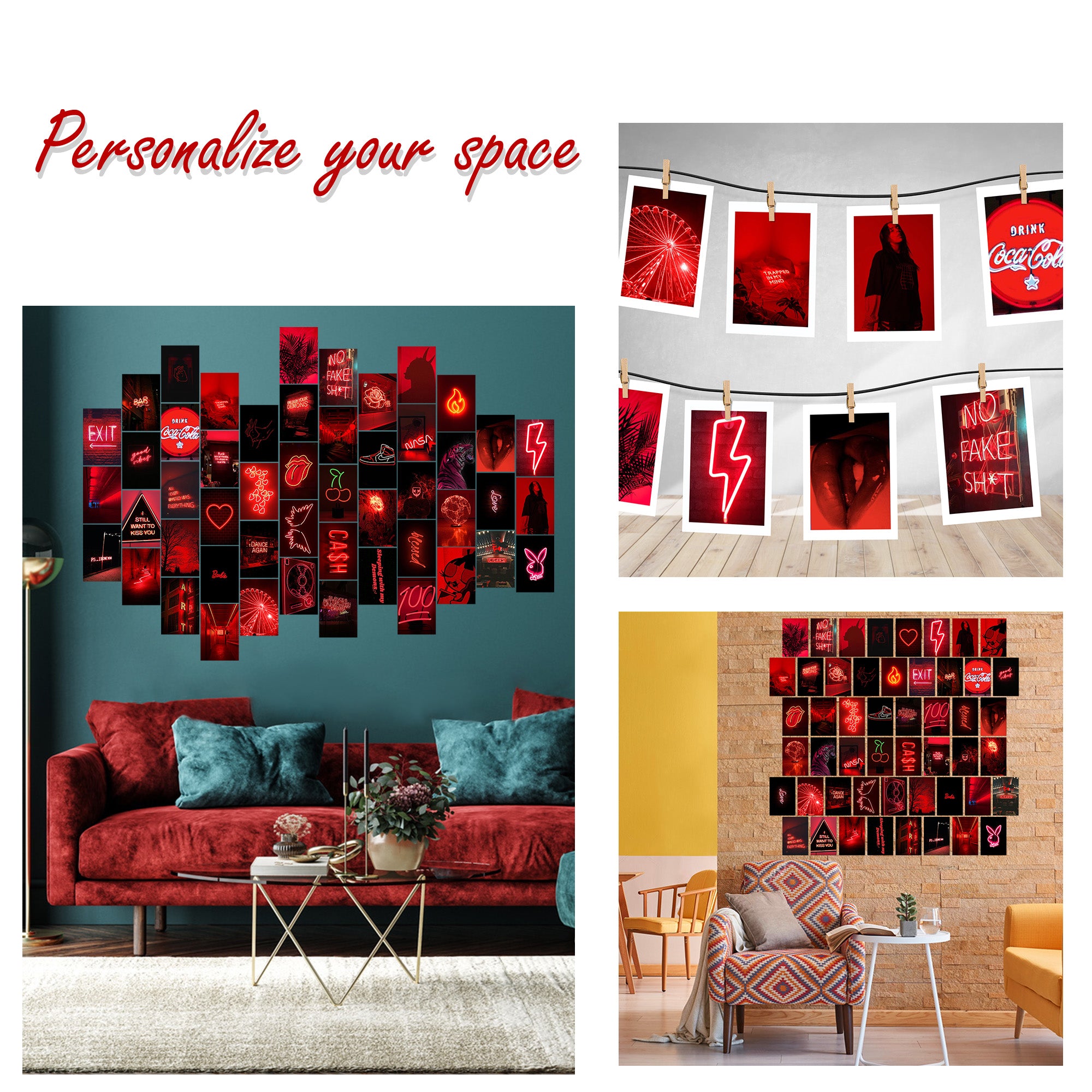 50PCS Red Neon Aesthetic Pictures Wall Collage Kit, Neon Red Photos Collections Collage Dorm Decors for Girl Teens and Women
