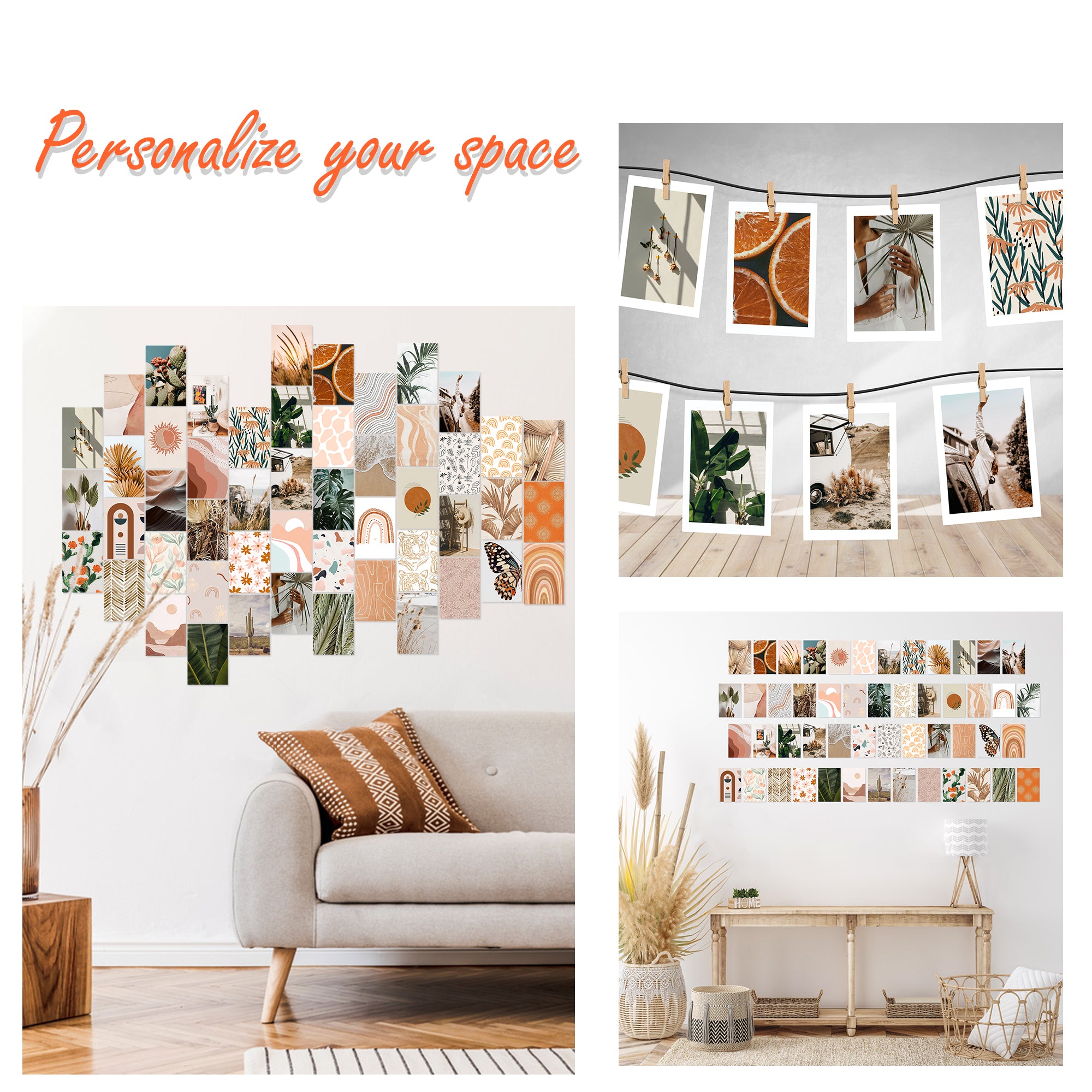 50PCS Boho Aesthetic Pictures Wall Collage Kit, Peach Teal Photo Collection, Small Posters for Room Bedroom Aesthetic