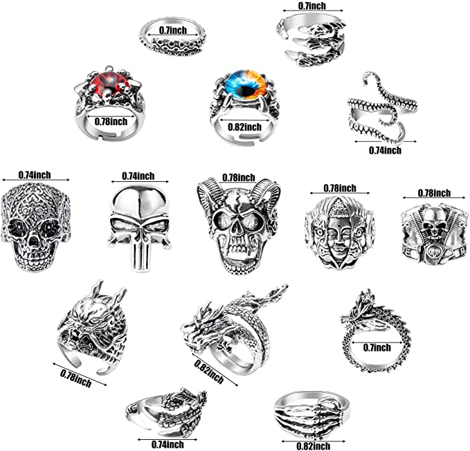 15Pcs Vintage Punk Rings Set, Stainless Steel Gothic Alloy Biker Adjustable Rings