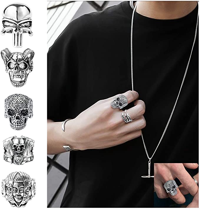 15Pcs Vintage Punk Rings Set, Stainless Steel Gothic Alloy Biker Adjustable Rings