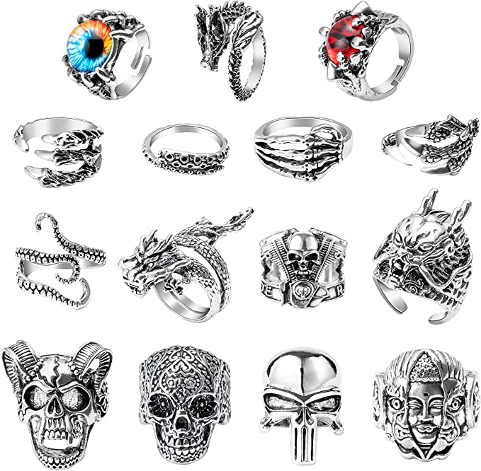 15Pcs Vintage Punk Rings Set, Stainless Steel Gothic Alloy Biker Adjustable Rings